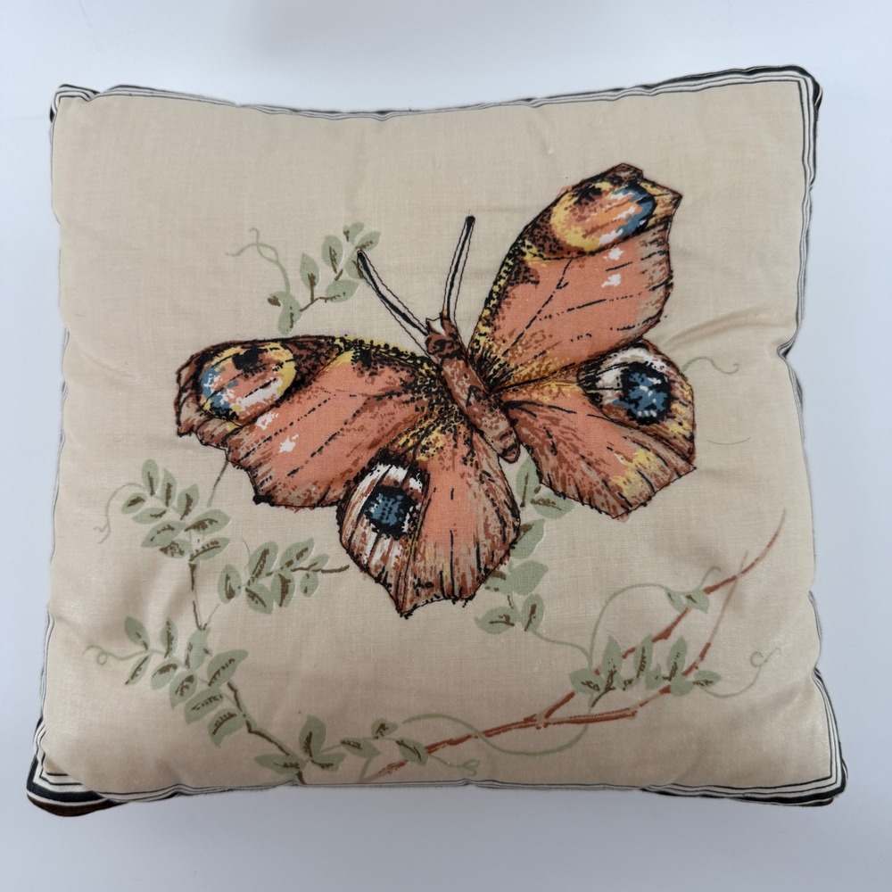 Vintage Raised Butterfly Print Square Throw Pillow Beige Cottagecore 11x11